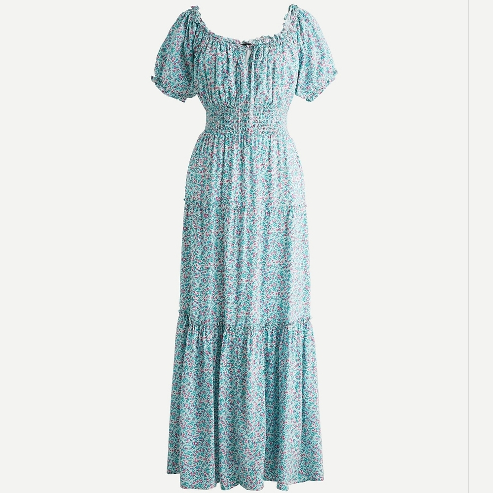 NWT J.Crew Puff-sleeve Midi in Ivory Larkspur Pink Smocked Tiered Dress 6 - Picture 1 of 8